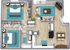Three dimensional floor plan of a two bedroom apartment with furniture at Stone Oak Apartments in Independence, Missouri